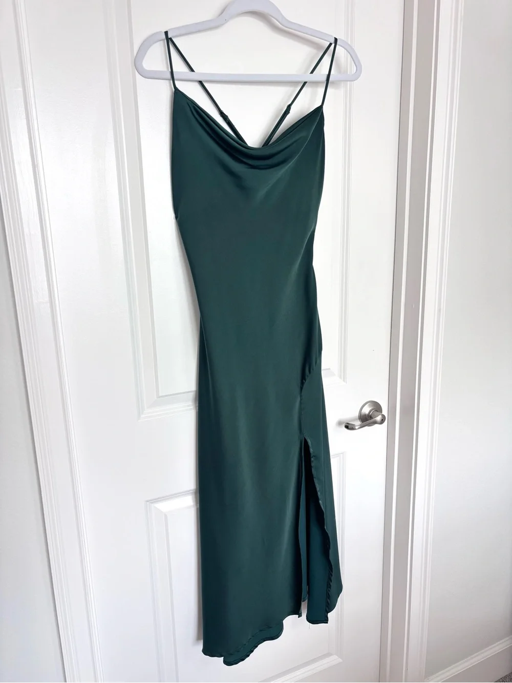 ASTR The Label Green Satin Slip Dress Cowl Neck Side Slit Maxi Formal Medium